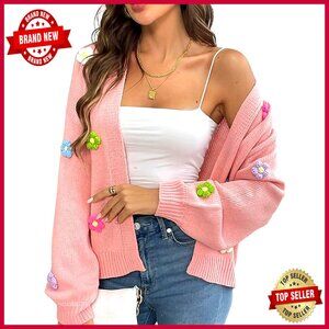 Cropped Cardigan Sweater Oversized Open Front Floral Embroidery Knit